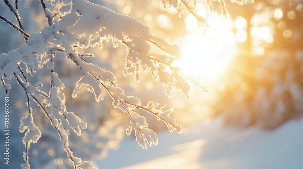 Poster sunlight filters through snow covered tree branches in the peaceful early morning. the enchanting sc