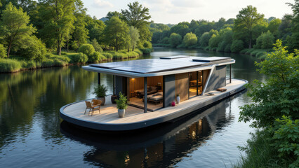 A luxurious green energy homeboat with solar panels on a serene body of water.