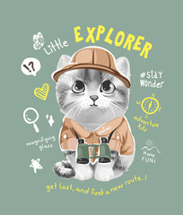 explorer slogan with cartoon kitten in safari uniform vector illustration © tsuponk