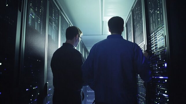 Two technicians collaborating in a high-tech server room, working on advanced networking and it systems with data servers and cables in a modern technology environmen