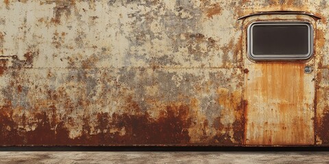 Smooth brown concrete surface combined with a worn, rust covered trailer backdrop creates a unique, gritty aesthetic. The blend of textures enhances visual appeal.