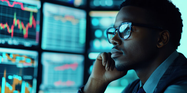 In a sleek office setting, a financial analyst in glasses intently examines several screens filled with colorful graphs and stock market data, showcasing concentration during analysis.