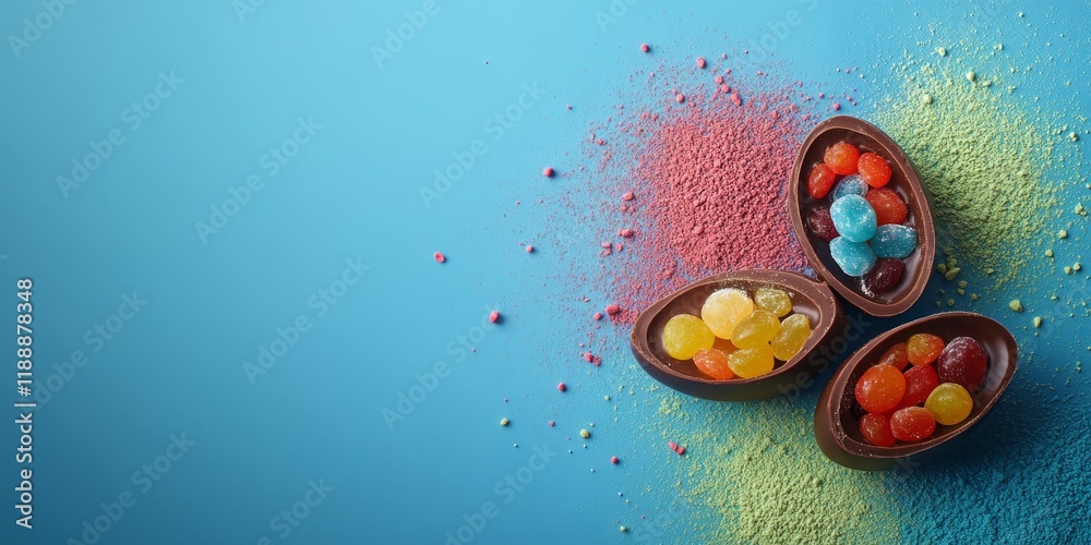 Poster Halves of chocolate eggs adorned with colorful jelly and sweet powder create a circular pattern with an off center focus against a blue backdrop. This close up image offers space for text.