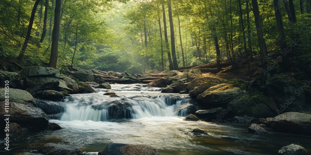 Poster a river cascades over stones within a wooded area, creating a beautiful display of water flowing dow