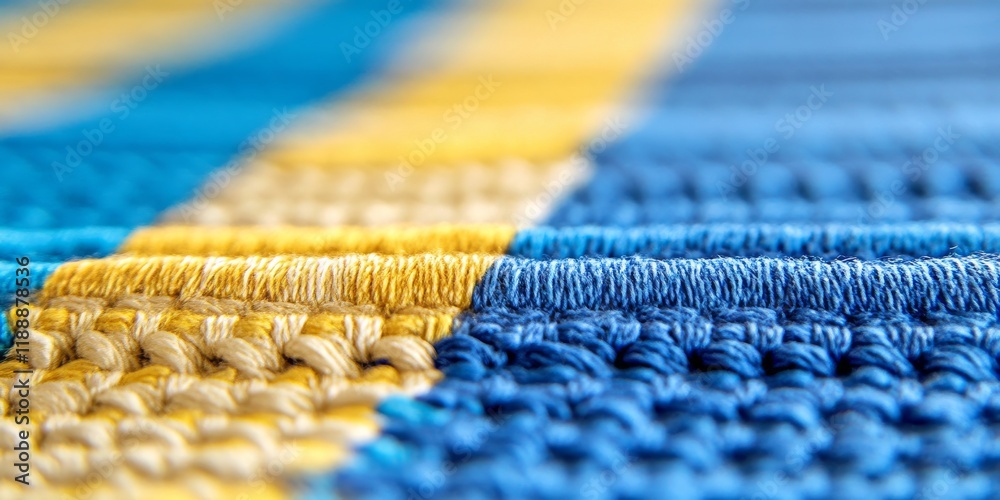 Aufkleber close up image showcasing handmade material featuring a vibrant design with blue and yellow stripes,