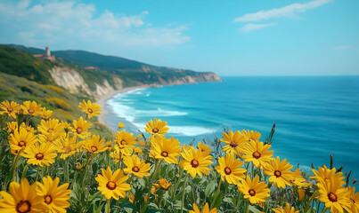 Coastal wildflowers bloom, ocean view, sunny day
