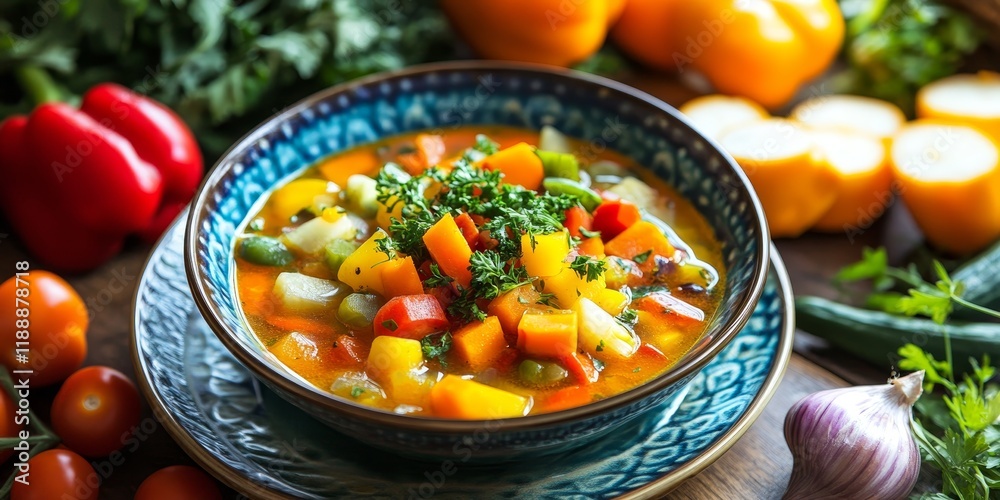 Poster A vibrant plate of vegetable soup displayed on a table, showcasing a colorful array of fresh vegetables in a delicious bowl of vegetable soup, perfect for a healthy meal.