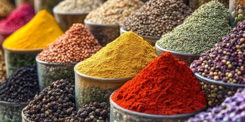 Vibrant herb and spice market with an array of colorful herbs and spices, showcasing the rich tradition of herbs and spices in a bustling atmosphere, perfect for culinary enthusiasts.