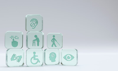 Disability icons on square glass cubes with copy space. 3D Rendering.