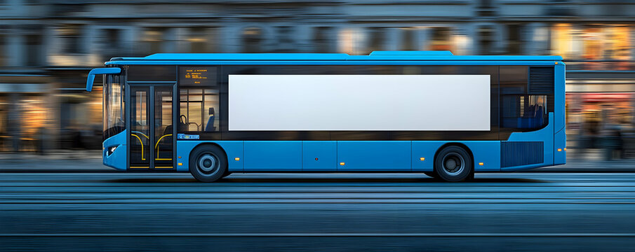 City bus ad mockup, night drive, blurred background