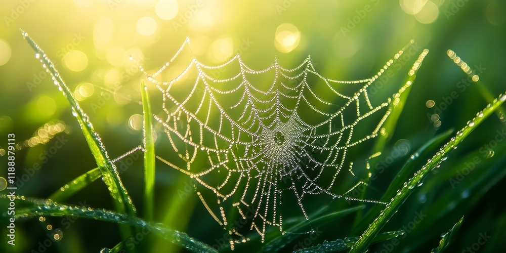 Aufkleber spider web adorned with dew drops on green grass creates a captivating scene. the spider web glisten