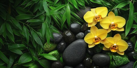 Yellow orchid and smooth black stones arranged on a lush green bamboo grove, showcasing the beauty of nature with yellow orchid accents amidst the calming green bamboo.