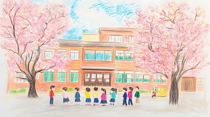 クレヨンで描いた小学校の入学式の絵