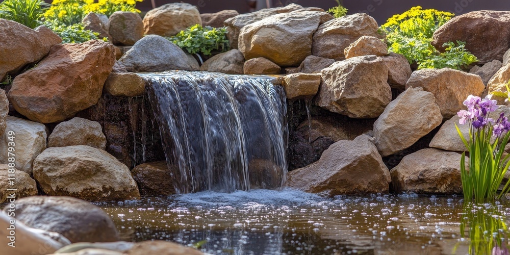 Poster a petite waterfall pours down into a pond that is bordered by various rocks, creating a picturesque 