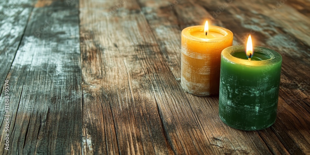 Aufkleber A rustic wooden table features a green and gold candle, offering plenty of open space for additional text or design elements.