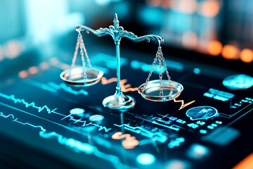 Balancing justice and technology scales of justice on digital display modern office environment conceptual photography