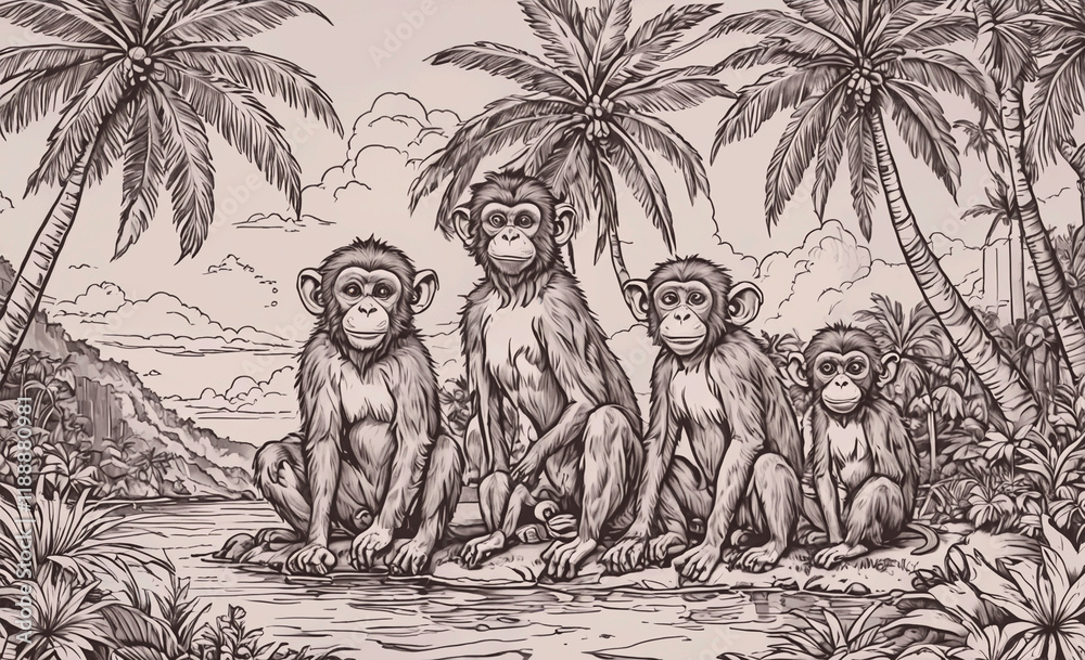 Poster three monkeys sitting on a rock near a river. one of the monkeys is holding a banana