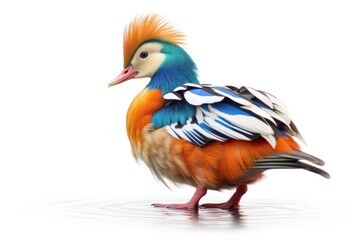 Fototapeta premium Side view of a cute mandarin duck swimming gracefully, highlighting its unique orange and blue feathers.