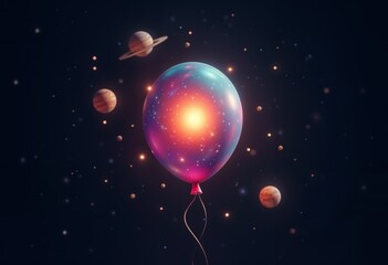 Fototapeta premium Galactic balloon with cosmic patterns floating among planets in space