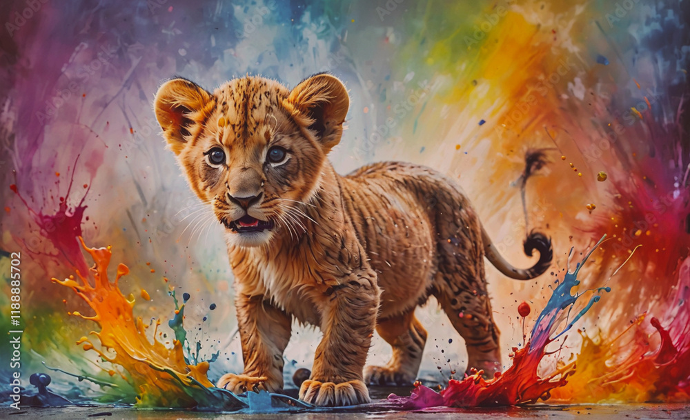 Poster baby lion standing in a splash of paint. the splash is in the background and the lion is in the fore
