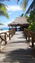 Fototapeta premium Tropical Beach Hut Wooden Walkway Paradise Summer Vacation