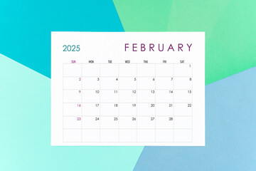 February calendar card for 2025 year on colorful background.