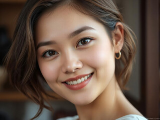 Fototapeta premium Close up portrait of a handsome attractive and cheerful young asian beautiful woman. Confidence, happy face and smiling female. Portrait of a joyful gorgeous person looking at the camera. Headshot.