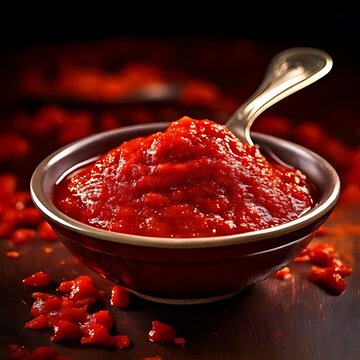 Tablespoons of gochujang, a Korean chili paste, ready for cooking