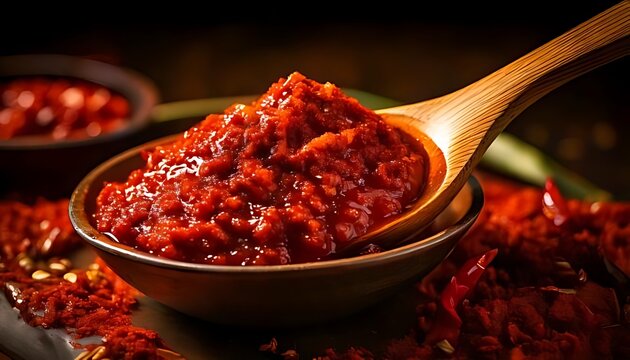 Tablespoons of gochujang, a Korean chili paste, ready for cooking