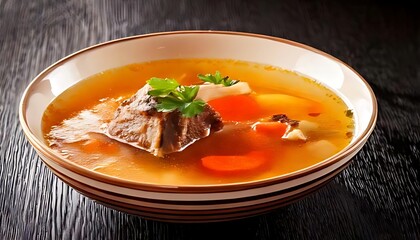 A bowl of hearty beef soup, carrots and parsley, presented on dark wood.