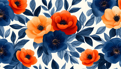 Floral pattern, navy, orange, design, textile, seamless, background, repeat, wallpaper, print