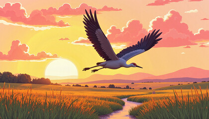 Fototapeta premium Crane soaring gracefully above grassy plain at sunset, artistic symbolism