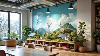 Fototapeta premium Sustainable office space with eco-friendly themed mural promoting green energy solutions.