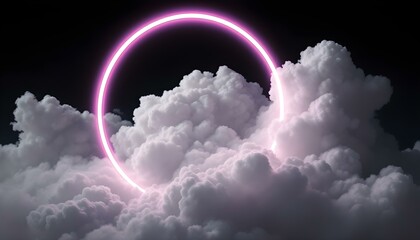 3d render, abstract cloud illuminated with neon light ring on dark night sky. Abstract 3d render of a glowing neon light ring. Futuristic geometric design with vibrant lighting effects