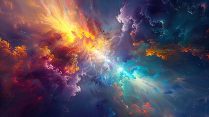 a luminous abstract landscape, with radiant colors and ethereal forms floating in a dreamlike space, white space in the center of the page for text