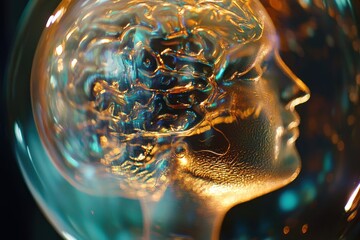 Intricate glass sculpture depicting a human head with a brain design, showcasing creativity and...