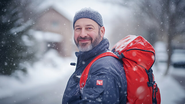 Happy mailman in snowy winter landscape with vibrant backpack