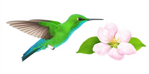 Obraz premium Vibrant Green Hummingbird in Flight Near Delicate Pink Blossom