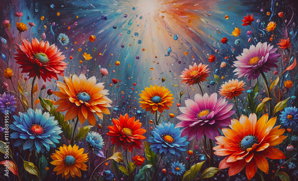 Aufkleber painting of a field of flowers with a bright sun in the background. the flowers are of various color