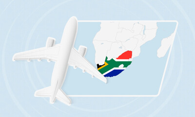 South Africa Travel Illustration with Plane and National Flag. Airplane Flying Over South Africa Map.