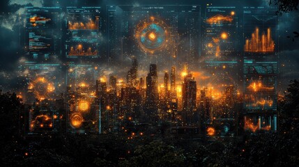 Futuristic Cityscape at Night with Overlay of Digital Data and Information Graphics