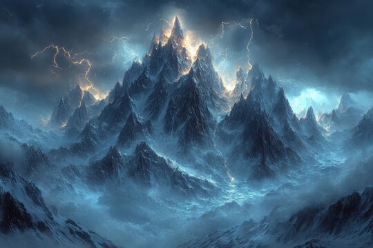 Majestic mountains illuminated by lightning under a stormy sky at twilight