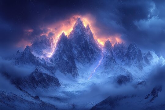 Majestic mountains illuminated by lightning during a storm at twilight
