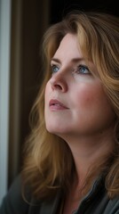 Fototapeta premium A White woman reflects on the convenience of frozen foods while enjoying a moment of peace at home