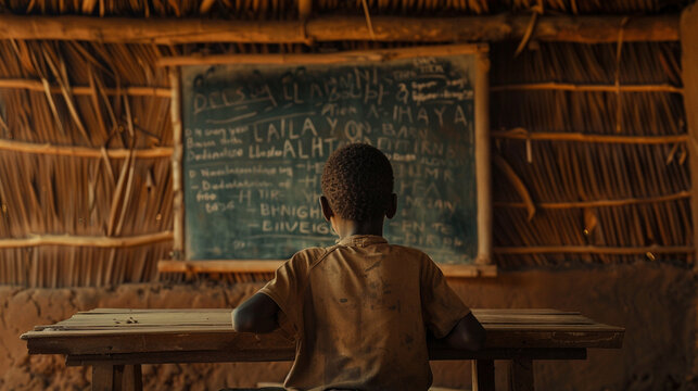 A student in Ghana listens intently to a lesson written on a chalkboard in a rural school; sitting at a wooden desk beneath a thatched roof; dreaming of a brighter future through education.