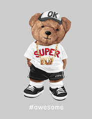 awesome slogan with cool brown bear toy in gold necklace vector illustration