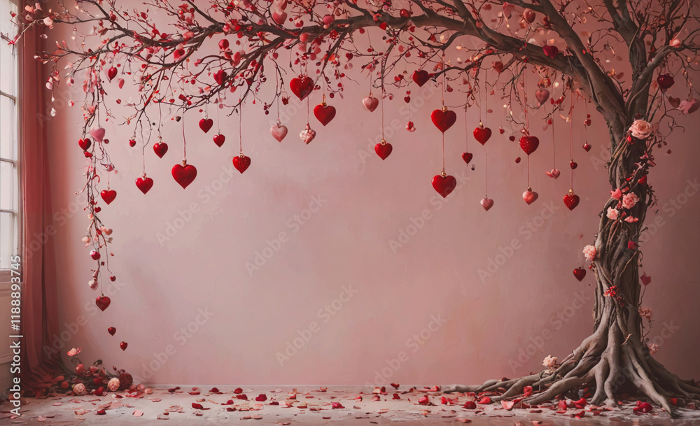 Aufkleber tree with red hearts hanging from it. the tree is in front of a pink wall