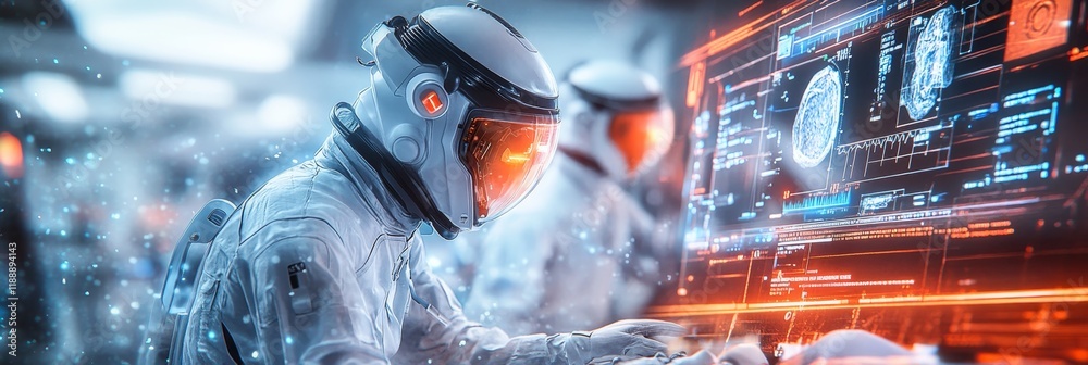 Poster astronaut in futuristic environment with high tech digital interfaces and data analysis