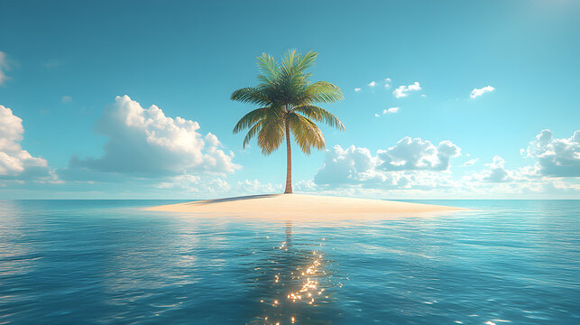 A serene tropical scene featuring a lone palm tree on a sandy island surrounded by calm waters. - Powered by Adobe
