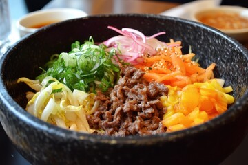 Delicious bibimbap served in a stone bowl with fresh vegetables and marinated beef at a Korean restaurant